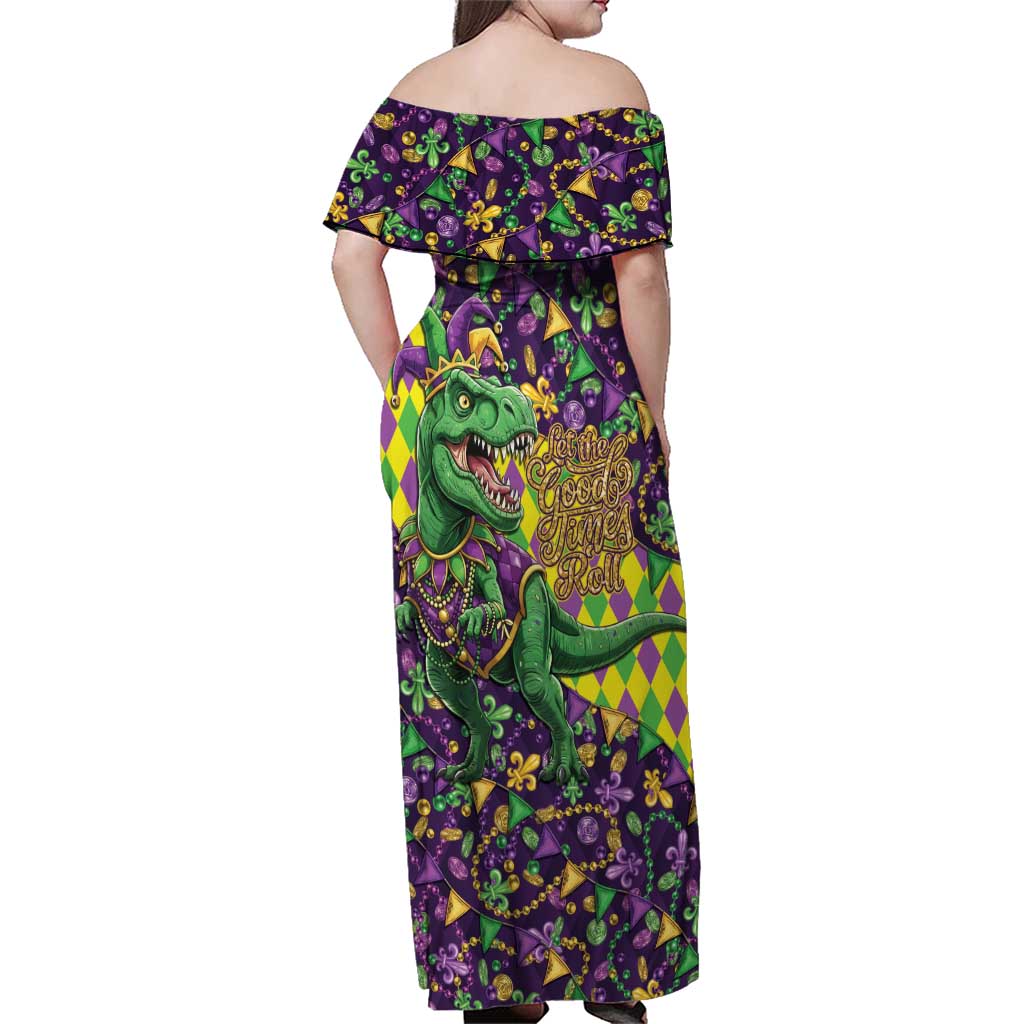 Funny Mardi Gras T-Rex Dinosaur Family Matching Off Shoulder Maxi Dress and Hawaiian Shirt Let The Good Times Roll - Wonder Print Shop