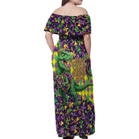 Funny Mardi Gras T-Rex Dinosaur Family Matching Off Shoulder Maxi Dress and Hawaiian Shirt Let The Good Times Roll - Wonder Print Shop