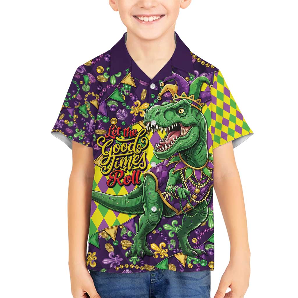 Funny Mardi Gras T-Rex Dinosaur Family Matching Off Shoulder Maxi Dress and Hawaiian Shirt Let The Good Times Roll - Wonder Print Shop