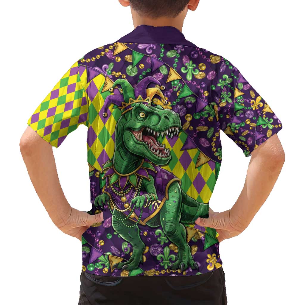 Funny Mardi Gras T-Rex Dinosaur Family Matching Off Shoulder Short Dress and Hawaiian Shirt Let The Good Times Roll - Wonder Print Shop