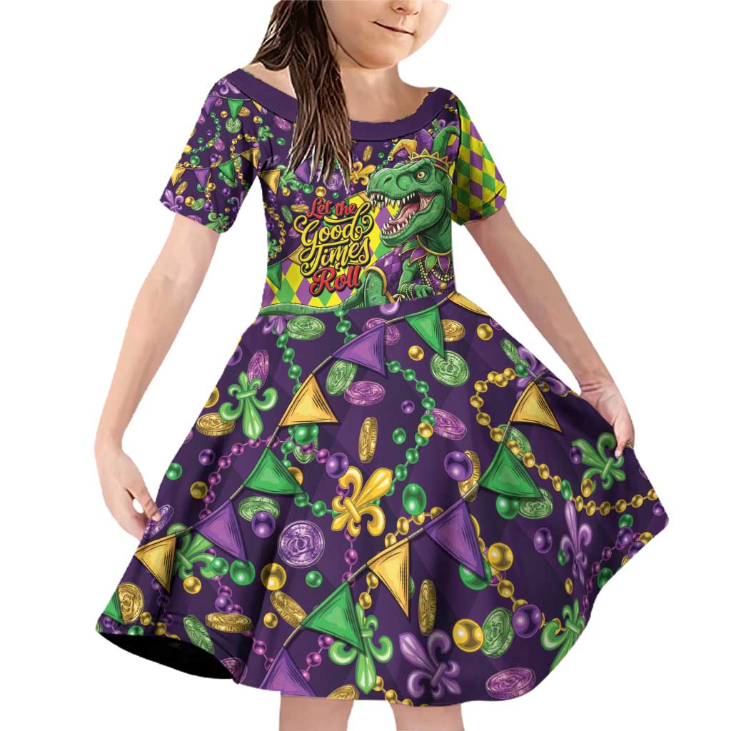 Funny Mardi Gras T-Rex Dinosaur Family Matching Off Shoulder Short Dress and Hawaiian Shirt Let The Good Times Roll - Wonder Print Shop