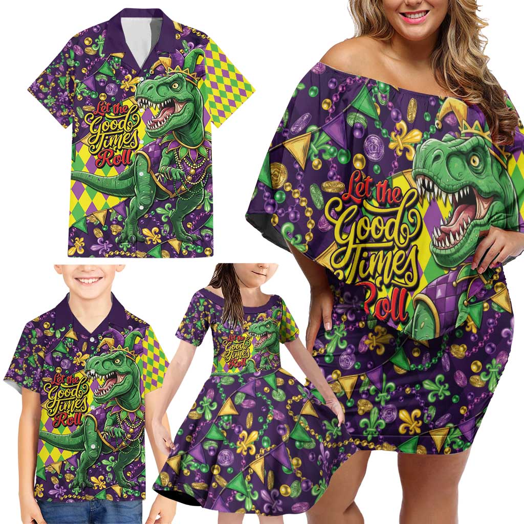 Funny Mardi Gras T-Rex Dinosaur Family Matching Off Shoulder Short Dress and Hawaiian Shirt Let The Good Times Roll - Wonder Print Shop