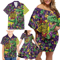 Funny Mardi Gras T-Rex Dinosaur Family Matching Off Shoulder Short Dress and Hawaiian Shirt Let The Good Times Roll - Wonder Print Shop