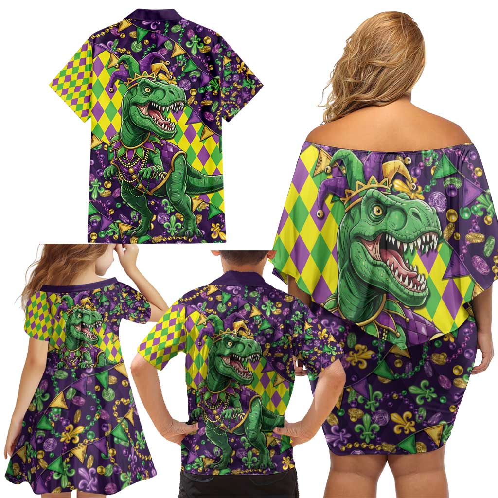 Funny Mardi Gras T-Rex Dinosaur Family Matching Off Shoulder Short Dress and Hawaiian Shirt Let The Good Times Roll - Wonder Print Shop