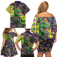 Funny Mardi Gras T-Rex Dinosaur Family Matching Off Shoulder Short Dress and Hawaiian Shirt Let The Good Times Roll - Wonder Print Shop