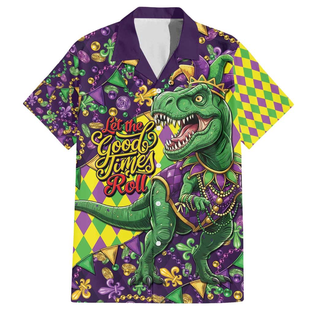 Funny Mardi Gras T-Rex Dinosaur Family Matching Off Shoulder Short Dress and Hawaiian Shirt Let The Good Times Roll - Wonder Print Shop