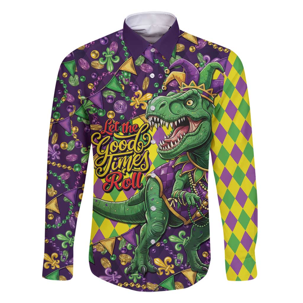 Funny Mardi Gras T-Rex Dinosaur Family Matching Off Shoulder Short Dress and Hawaiian Shirt Let The Good Times Roll - Wonder Print Shop