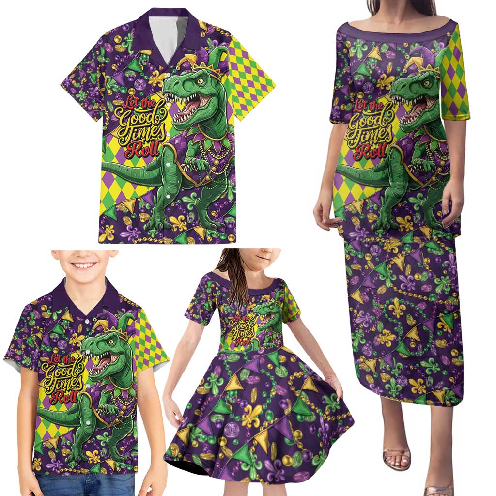 Funny Mardi Gras T-Rex Dinosaur Family Matching Puletasi and Hawaiian Shirt Let The Good Times Roll - Wonder Print Shop