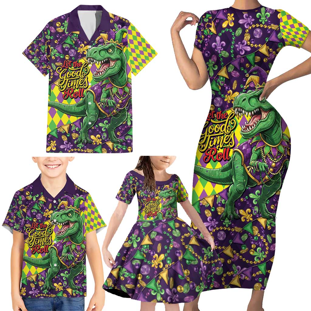 Funny Mardi Gras T-Rex Dinosaur Family Matching Short Sleeve Bodycon Dress and Hawaiian Shirt Let The Good Times Roll - Wonder Print Shop