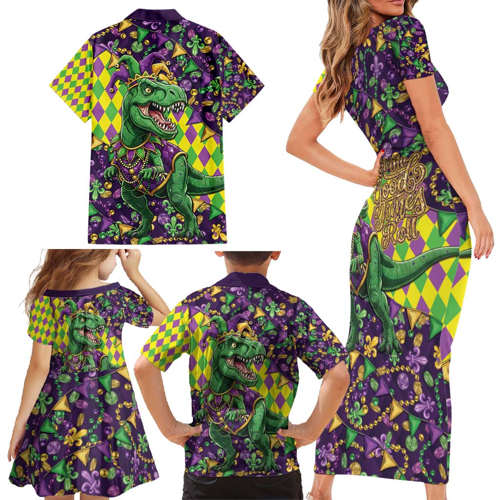 Funny Mardi Gras T-Rex Dinosaur Family Matching Short Sleeve Bodycon Dress and Hawaiian Shirt Let The Good Times Roll - Wonder Print Shop