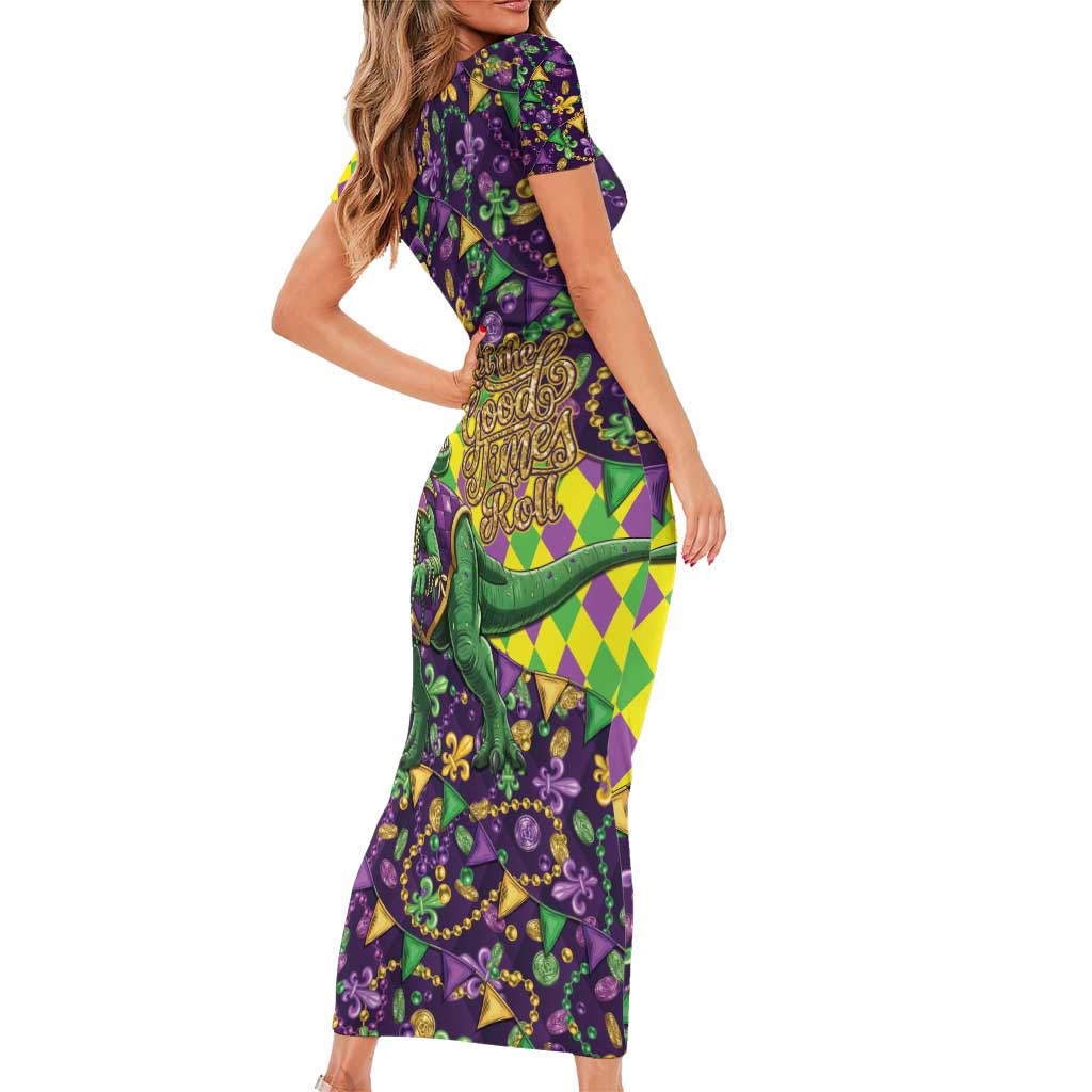 Funny Mardi Gras T-Rex Dinosaur Family Matching Short Sleeve Bodycon Dress and Hawaiian Shirt Let The Good Times Roll - Wonder Print Shop