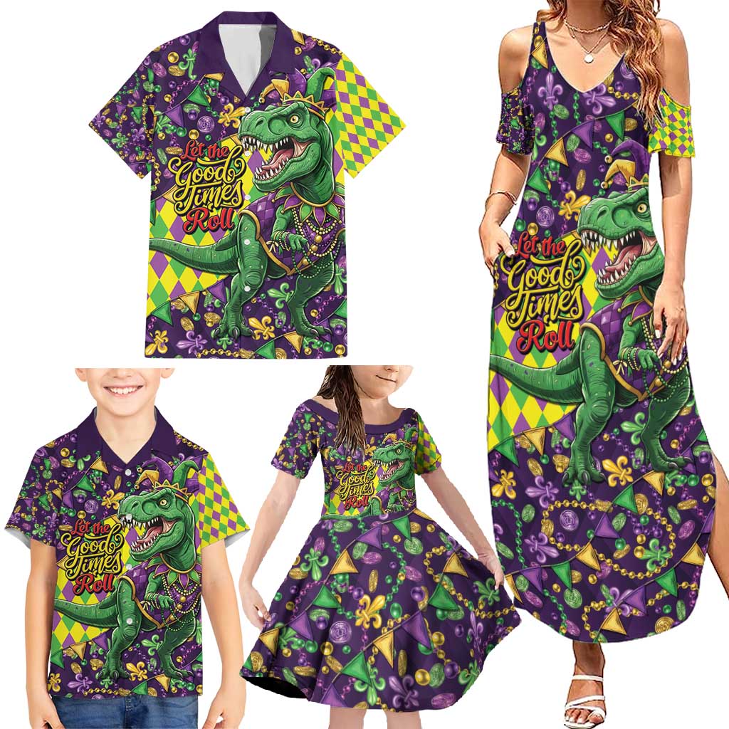 Funny Mardi Gras T-Rex Dinosaur Family Matching Summer Maxi Dress and Hawaiian Shirt Let The Good Times Roll - Wonder Print Shop