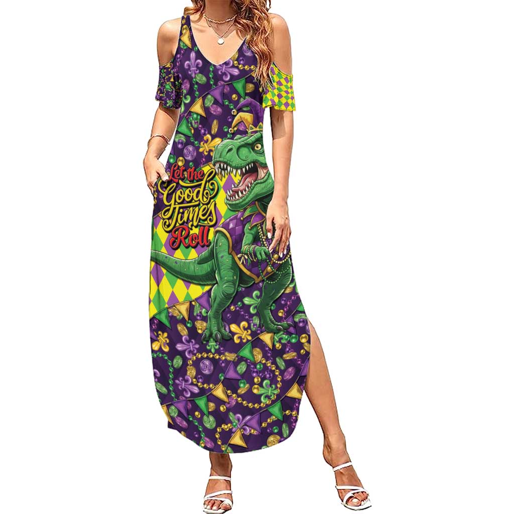 Funny Mardi Gras T-Rex Dinosaur Family Matching Summer Maxi Dress and Hawaiian Shirt Let The Good Times Roll - Wonder Print Shop