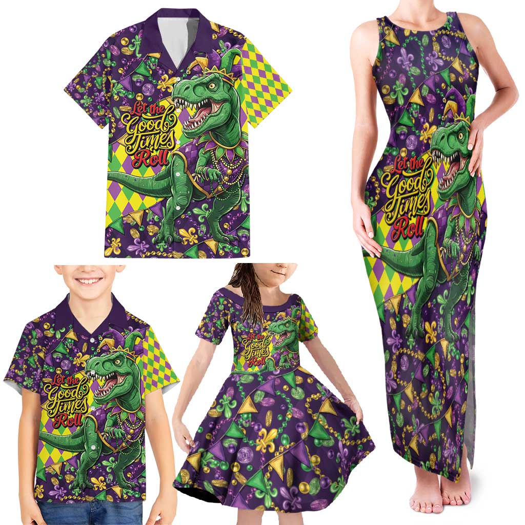 Funny Mardi Gras T-Rex Dinosaur Family Matching Tank Maxi Dress and Hawaiian Shirt Let The Good Times Roll - Wonder Print Shop