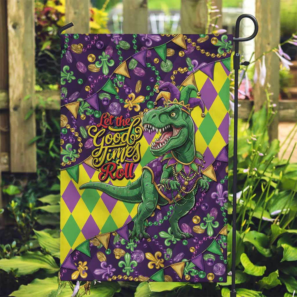 Funny Mardi Gras T-Rex Dinosaur Garden Flag Let The Good Times Roll - Wonder Print Shop