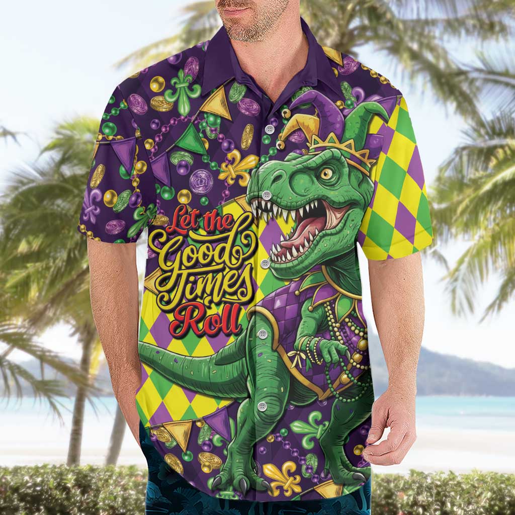 Funny Mardi Gras T-Rex Dinosaur Hawaiian Shirt Let The Good Times Roll - Wonder Print Shop