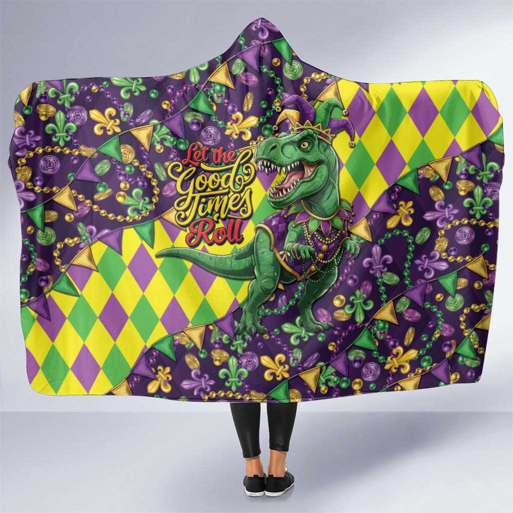 Funny Mardi Gras T-Rex Dinosaur Hooded Blanket Let The Good Times Roll - Wonder Print Shop
