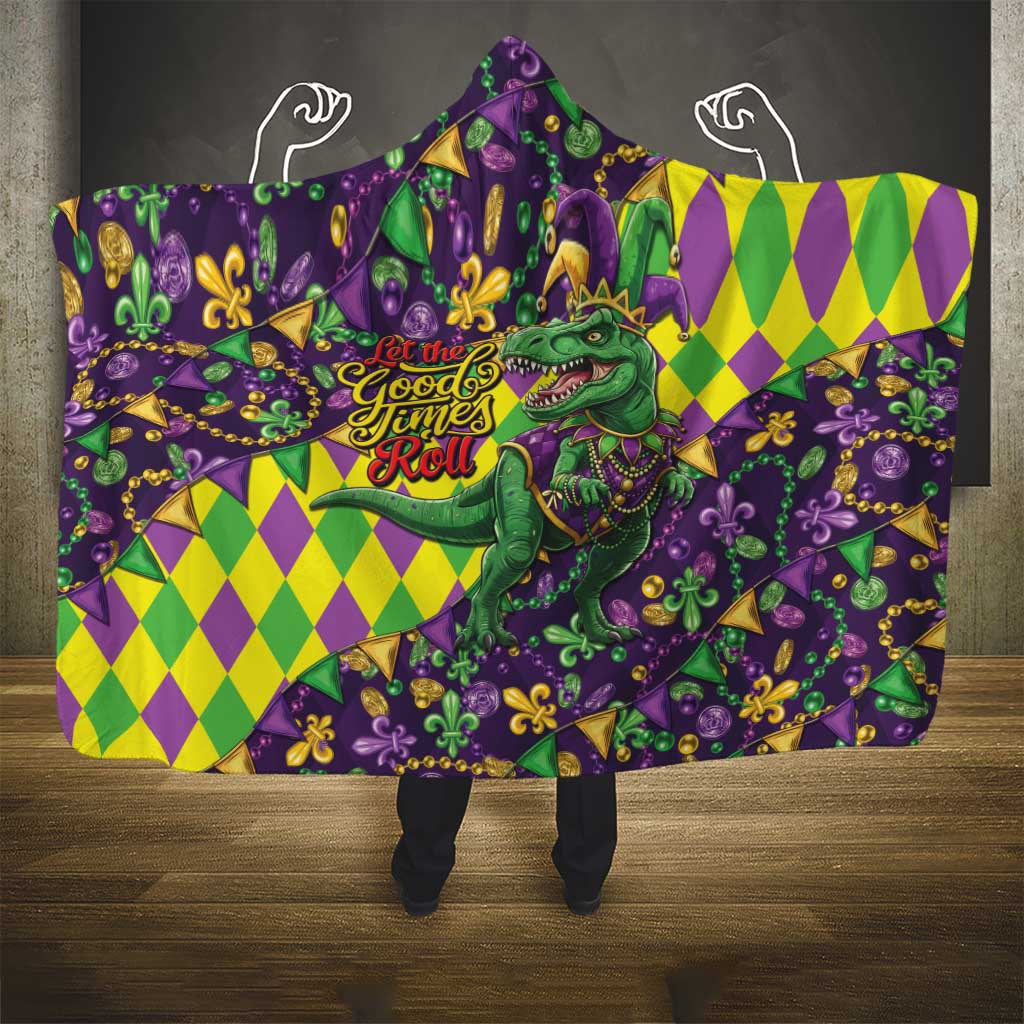 Funny Mardi Gras T-Rex Dinosaur Hooded Blanket Let The Good Times Roll - Wonder Print Shop