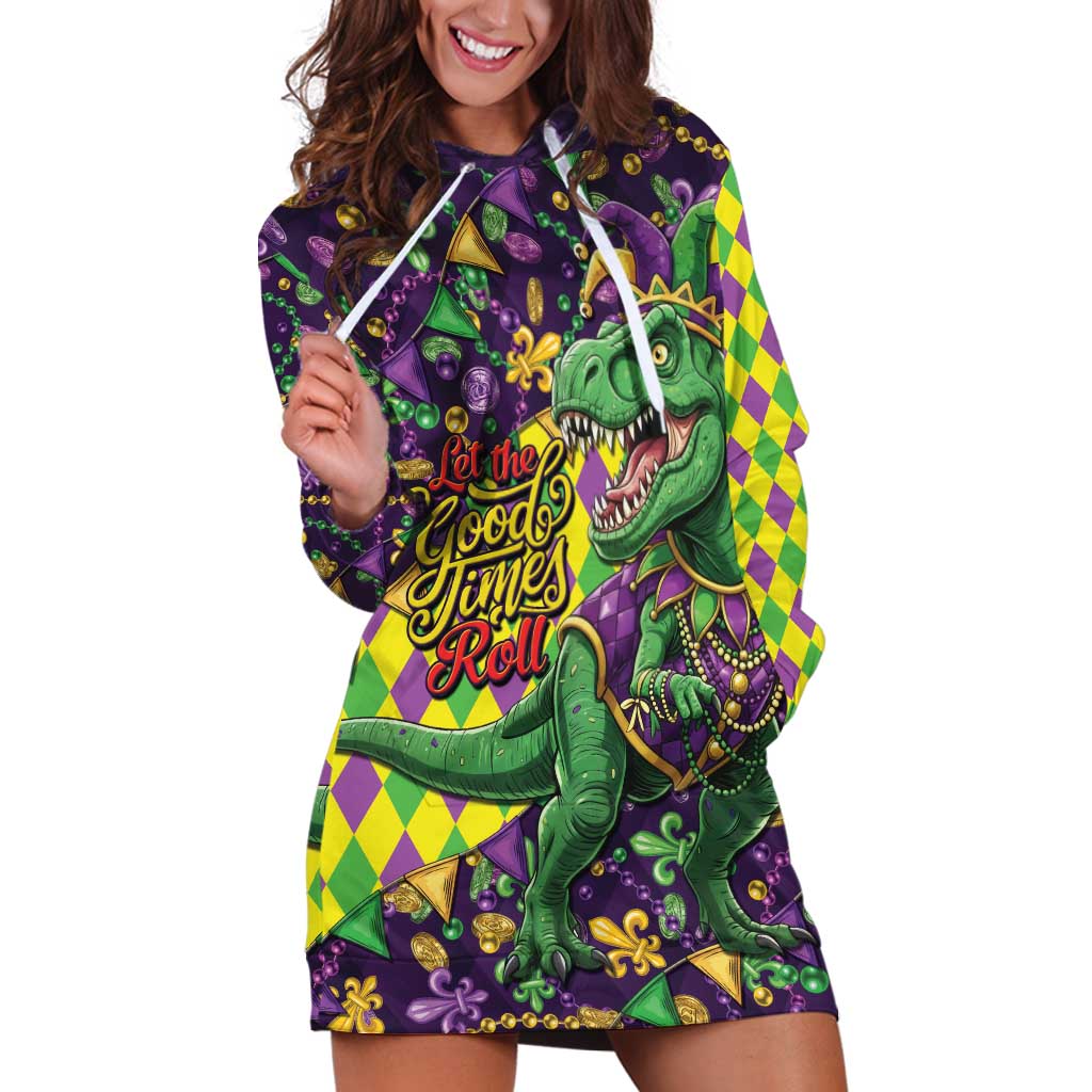 Funny Mardi Gras T-Rex Dinosaur Hoodie Dress Let The Good Times Roll - Wonder Print Shop