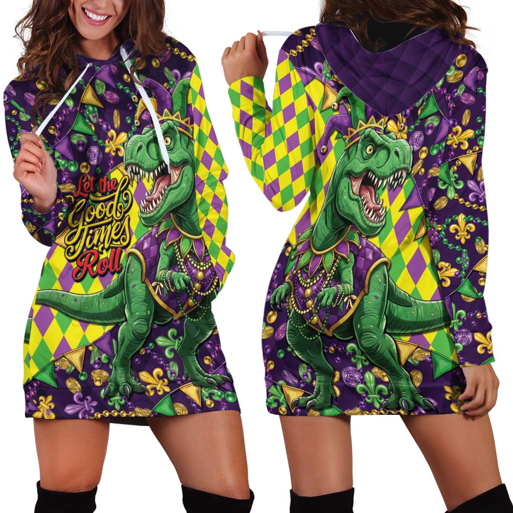 Funny Mardi Gras T-Rex Dinosaur Hoodie Dress Let The Good Times Roll - Wonder Print Shop