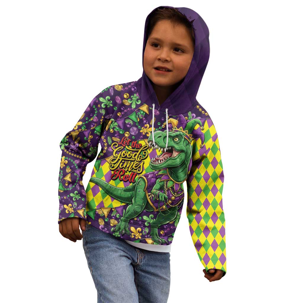 Funny Mardi Gras T-Rex Dinosaur Kid Hoodie Let The Good Times Roll - Wonder Print Shop