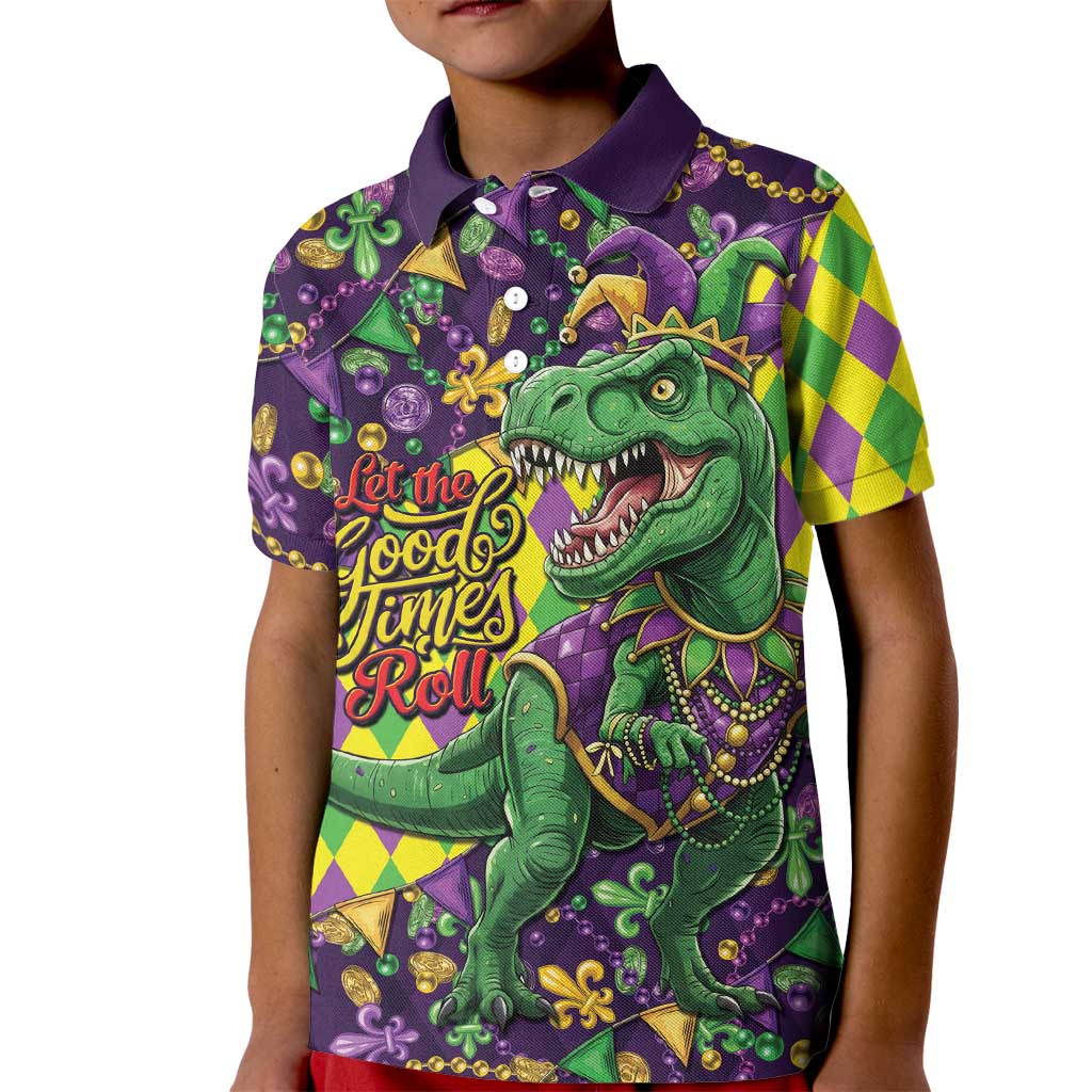 Funny Mardi Gras T-Rex Dinosaur Kid Polo Shirt Let The Good Times Roll - Wonder Print Shop
