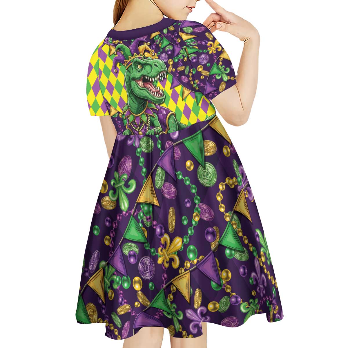 Funny Mardi Gras T-Rex Dinosaur Kid Short Sleeve Dress Let The Good Times Roll - Wonder Print Shop