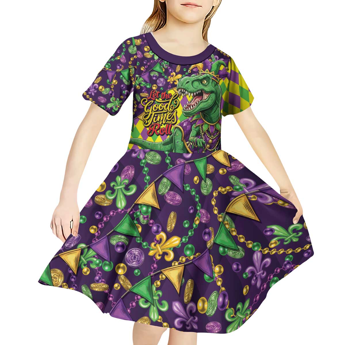 Funny Mardi Gras T-Rex Dinosaur Kid Short Sleeve Dress Let The Good Times Roll - Wonder Print Shop