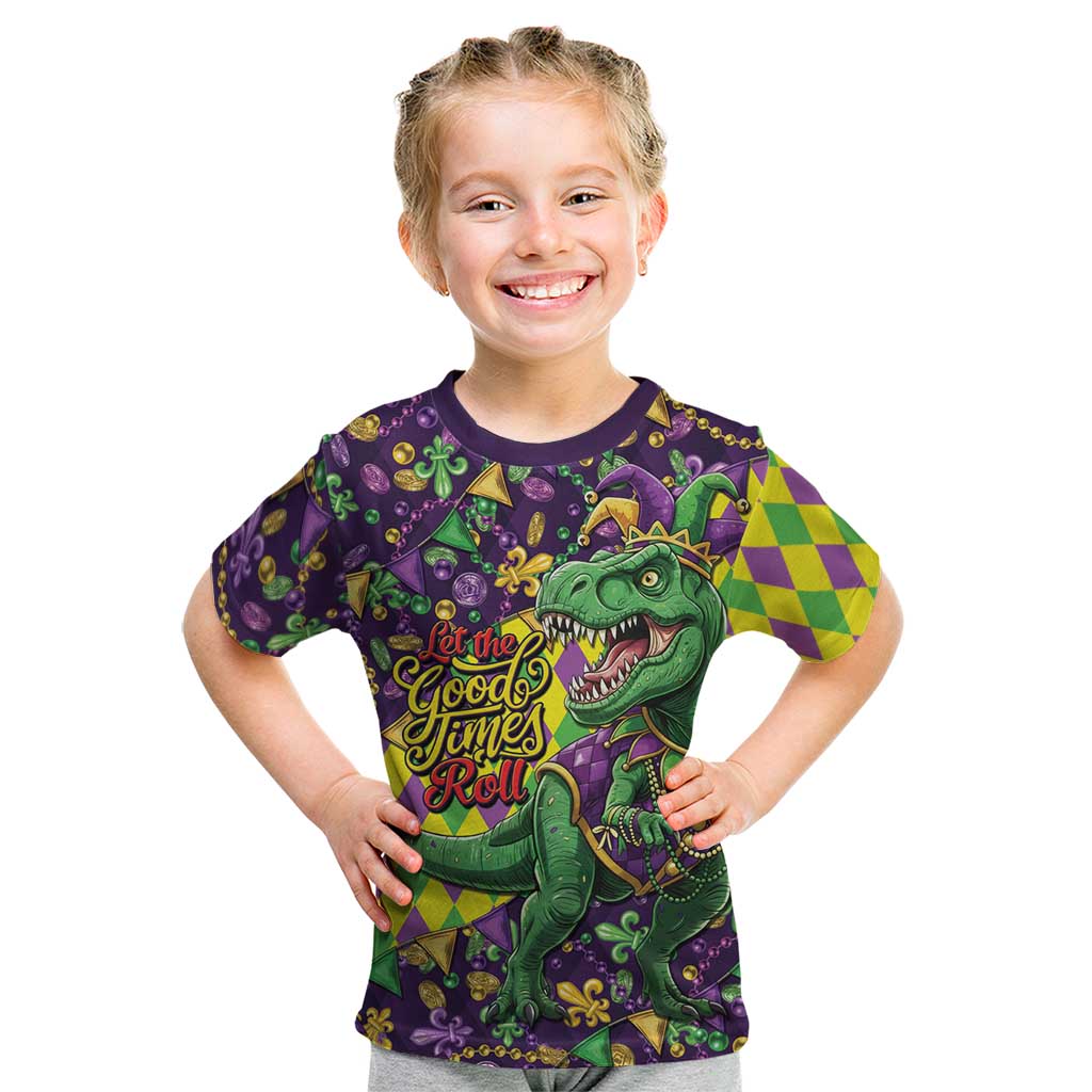 Funny Mardi Gras T-Rex Dinosaur Kid T Shirt Let The Good Times Roll - Wonder Print Shop