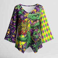 Funny Mardi Gras T-Rex Dinosaur Kimono Sleeve Blouse Let The Good Times Roll - Wonder Print Shop