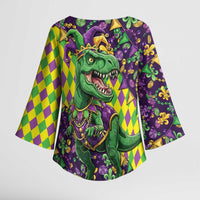 Funny Mardi Gras T-Rex Dinosaur Kimono Sleeve Blouse Let The Good Times Roll - Wonder Print Shop