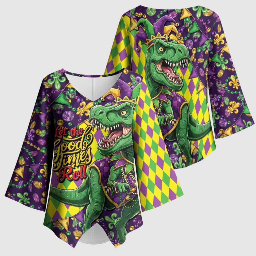 Funny Mardi Gras T-Rex Dinosaur Kimono Sleeve Blouse Let The Good Times Roll - Wonder Print Shop