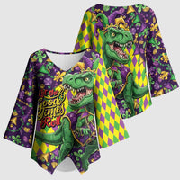 Funny Mardi Gras T-Rex Dinosaur Kimono Sleeve Blouse Let The Good Times Roll - Wonder Print Shop