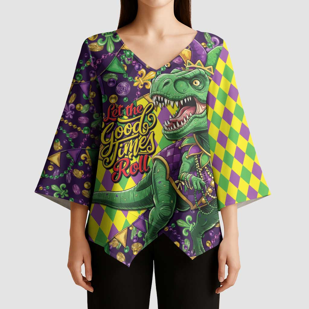 Funny Mardi Gras T-Rex Dinosaur Kimono Sleeve Blouse Let The Good Times Roll - Wonder Print Shop