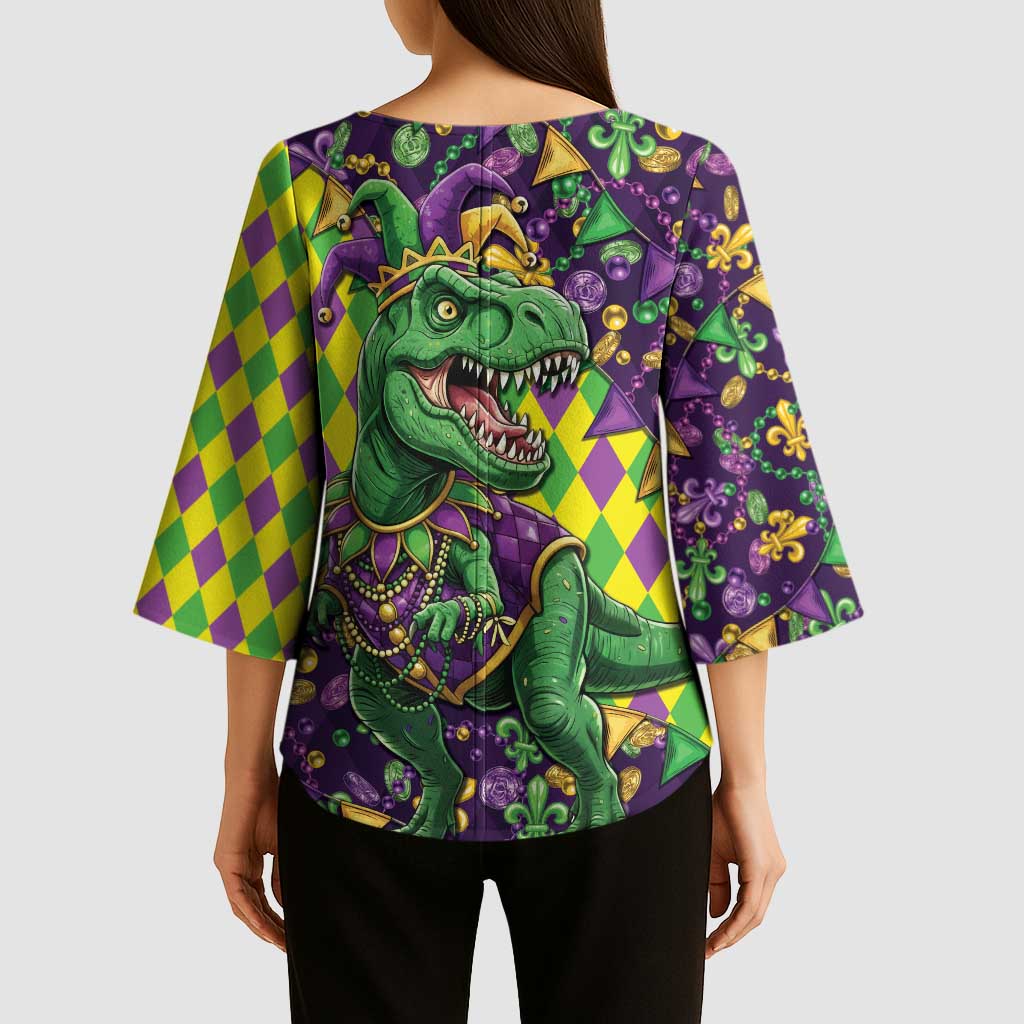 Funny Mardi Gras T-Rex Dinosaur Kimono Sleeve Blouse Let The Good Times Roll - Wonder Print Shop