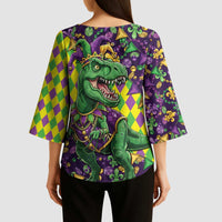 Funny Mardi Gras T-Rex Dinosaur Kimono Sleeve Blouse Let The Good Times Roll - Wonder Print Shop