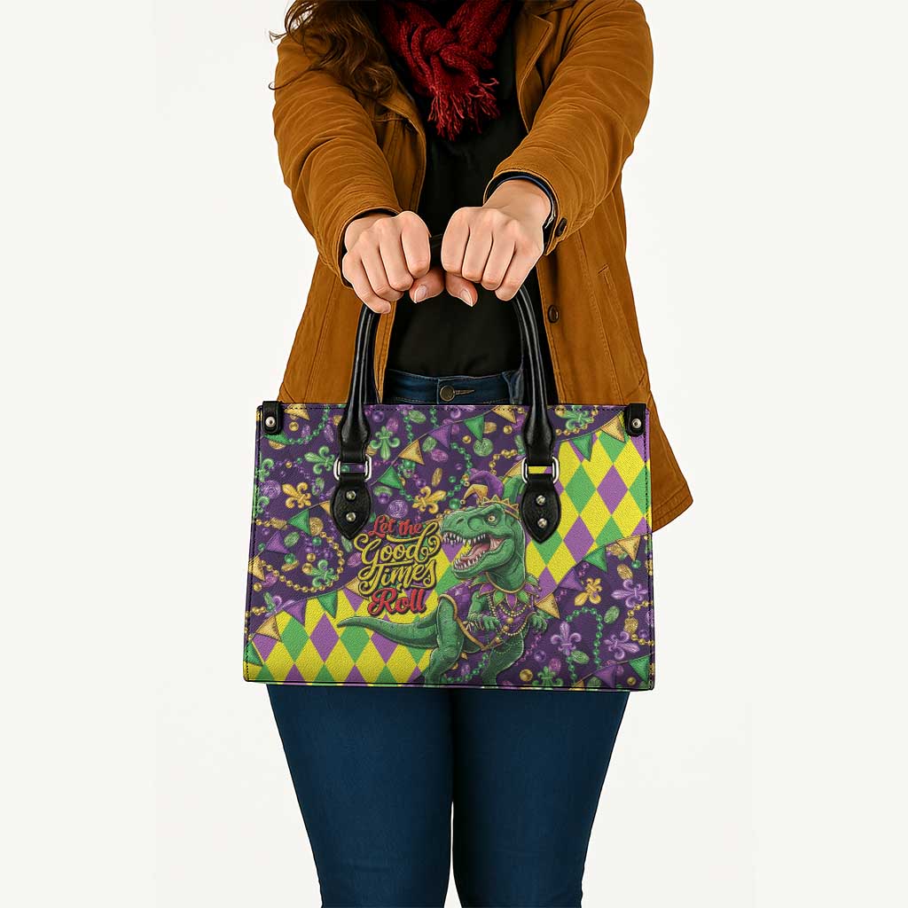 Funny Mardi Gras T-Rex Dinosaur Leather Bag Let The Good Times Roll - Wonder Print Shop