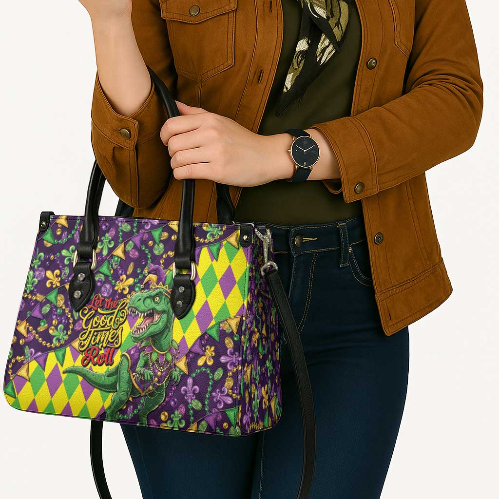 Funny Mardi Gras T-Rex Dinosaur Leather Bag Let The Good Times Roll - Wonder Print Shop