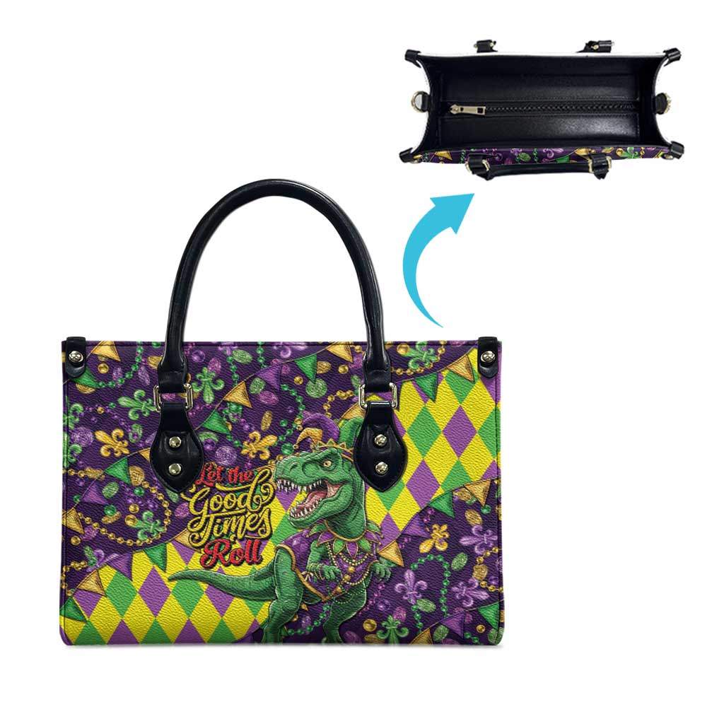 Funny Mardi Gras T-Rex Dinosaur Leather Bag Let The Good Times Roll - Wonder Print Shop