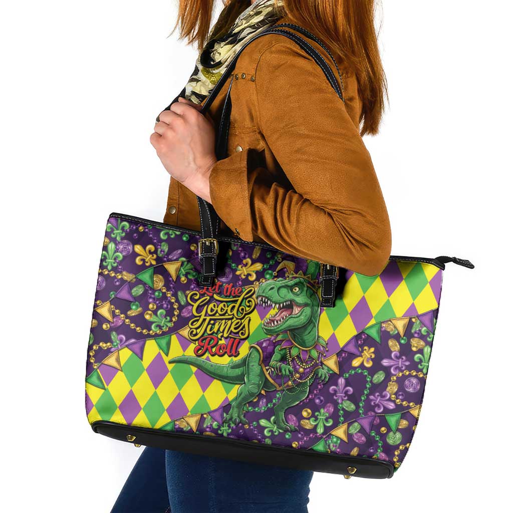 Funny Mardi Gras T-Rex Dinosaur Leather Tote Bag Let The Good Times Roll - Wonder Print Shop