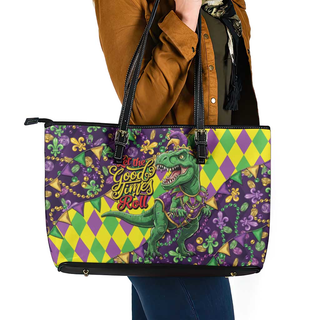 Funny Mardi Gras T-Rex Dinosaur Leather Tote Bag Let The Good Times Roll - Wonder Print Shop