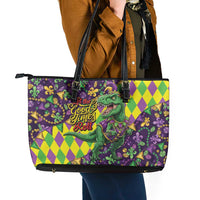 Funny Mardi Gras T-Rex Dinosaur Leather Tote Bag Let The Good Times Roll - Wonder Print Shop