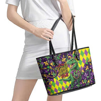 Funny Mardi Gras T-Rex Dinosaur Leather Tote Bag Let The Good Times Roll - Wonder Print Shop