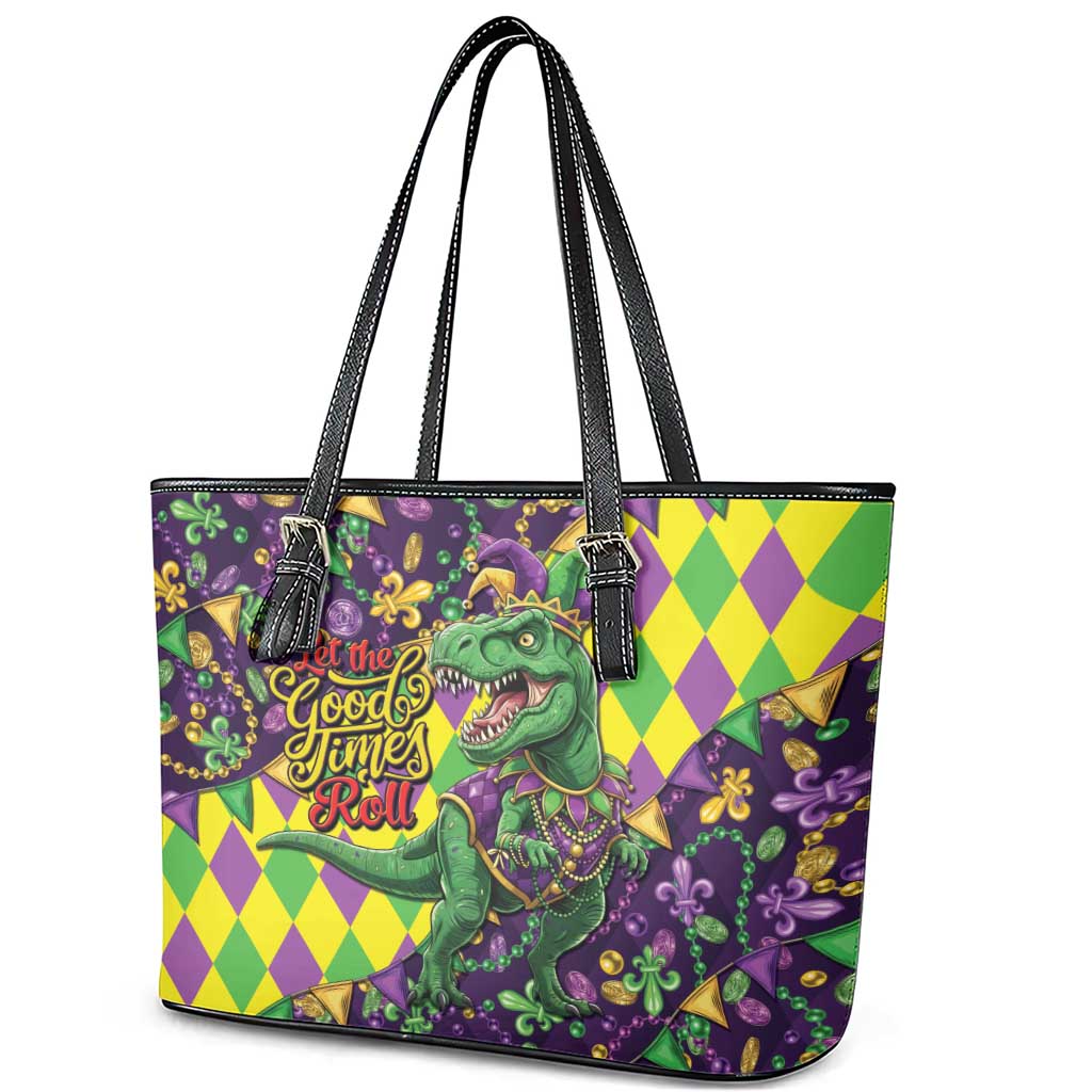 Funny Mardi Gras T-Rex Dinosaur Leather Tote Bag Let The Good Times Roll - Wonder Print Shop