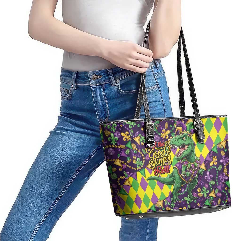Funny Mardi Gras T-Rex Dinosaur Leather Tote Bag Let The Good Times Roll - Wonder Print Shop