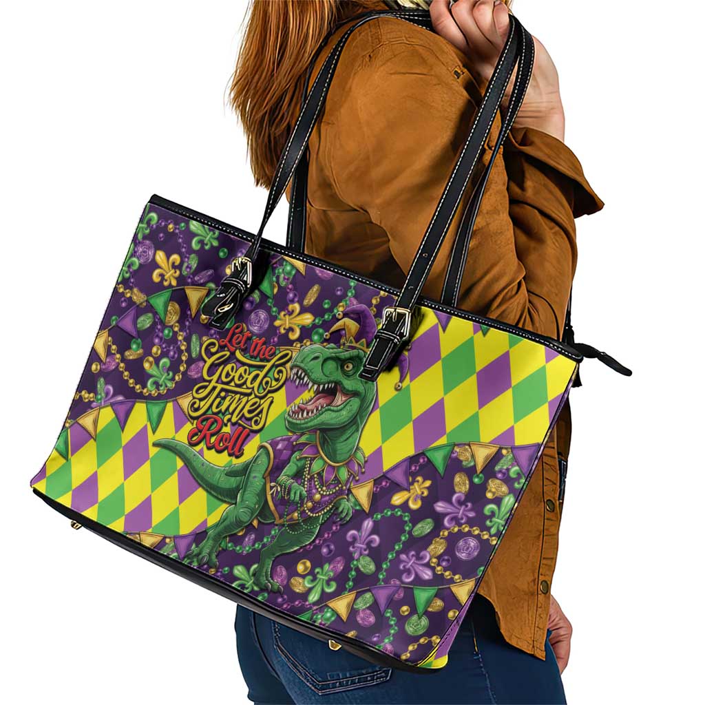 Funny Mardi Gras T-Rex Dinosaur Leather Tote Bag Let The Good Times Roll - Wonder Print Shop