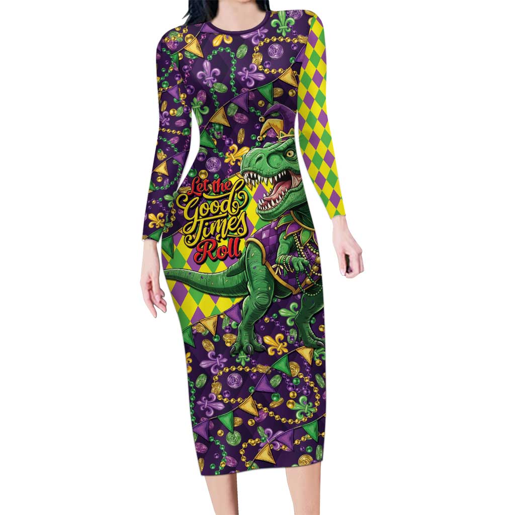 Funny Mardi Gras T-Rex Dinosaur Long Sleeve Bodycon Dress Let The Good Times Roll - Wonder Print Shop