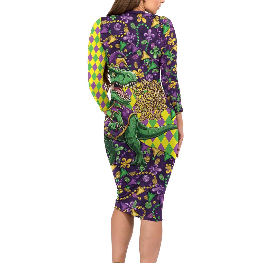 Funny Mardi Gras T-Rex Dinosaur Long Sleeve Bodycon Dress Let The Good Times Roll - Wonder Print Shop