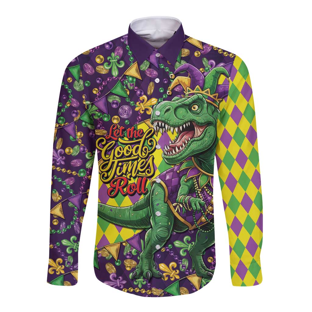 Funny Mardi Gras T-Rex Dinosaur Long Sleeve Button Shirt Let The Good Times Roll - Wonder Print Shop