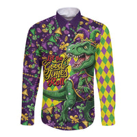 Funny Mardi Gras T-Rex Dinosaur Long Sleeve Button Shirt Let The Good Times Roll - Wonder Print Shop